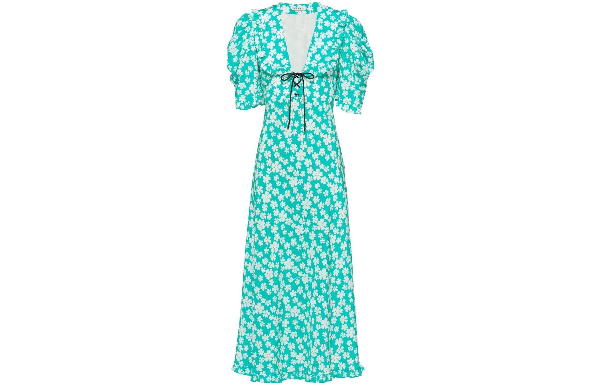 (Women) MIU MIU SS22 Womens Floral Print V-Neck Midi Dress Short Sleeve Blue MF4522-10MA-F0G1S 圖 2