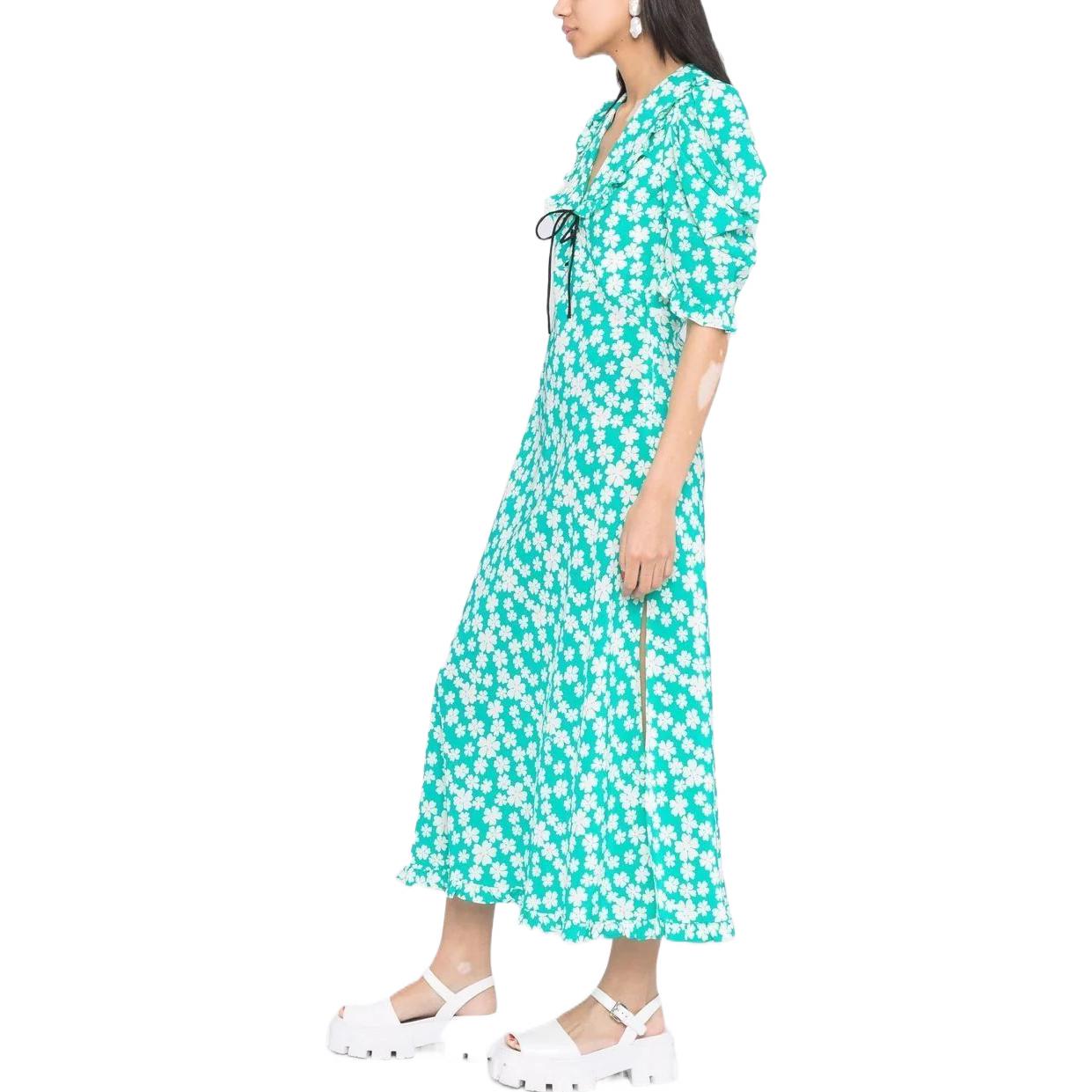 (Women) MIU MIU SS22 Womens Floral Print V-Neck Midi Dress Short Sleeve Blue MF4522-10MA-F0G1S 圖 5