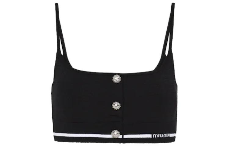 Order (W) MIU MIU SS23 Top Hitam Colorblock dengan Logo Cetakan. MMV065-12J1-F0002-S-231
