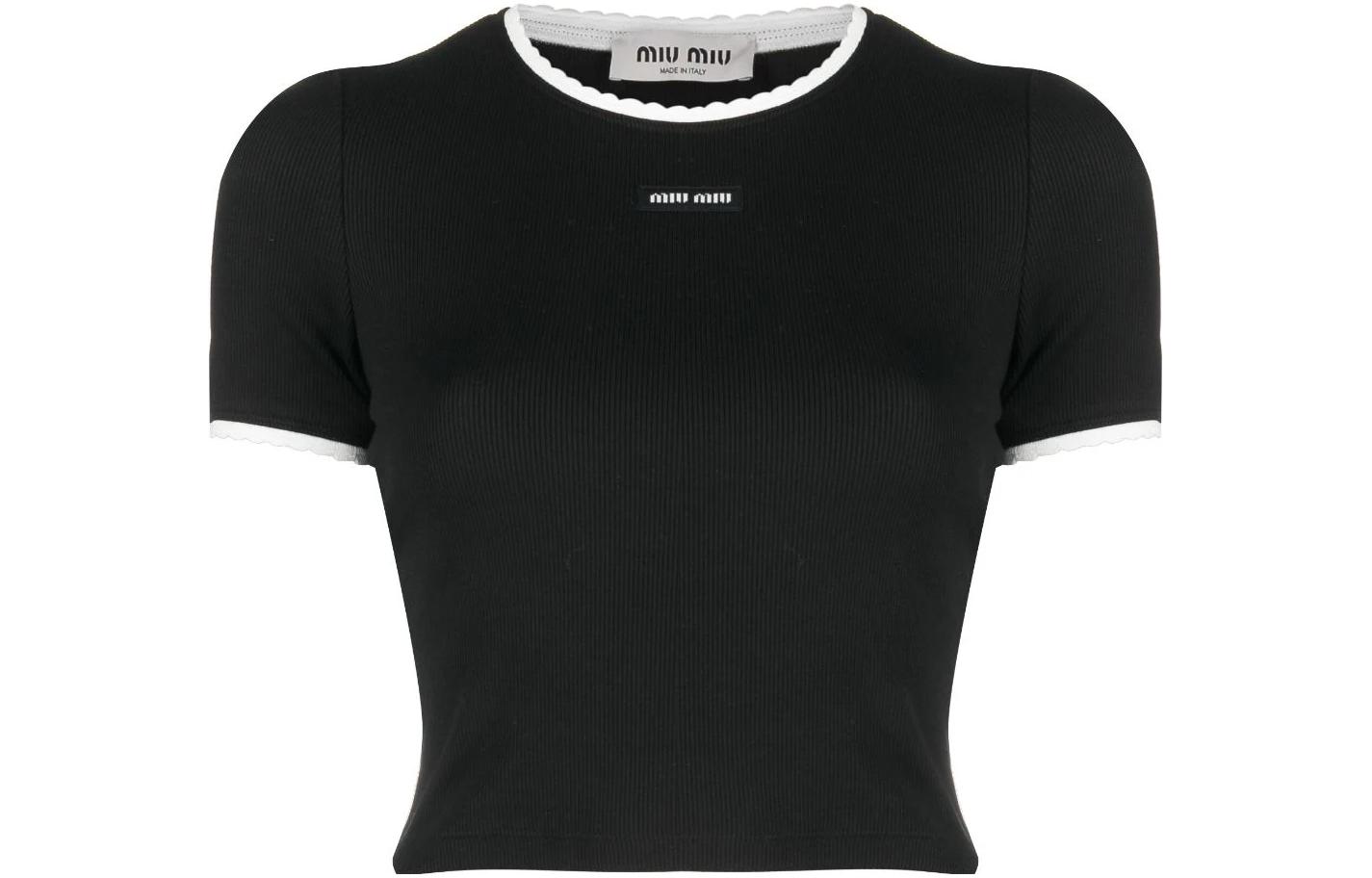 (Women) MIU MIU SS23  Black Colorblock Logo Short Sleeve T-Shirt. MJN847-12HM-F0002-S-232