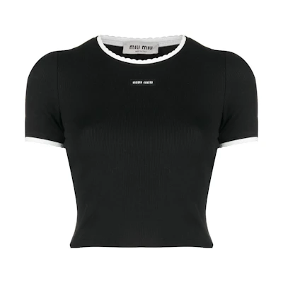 (Women) MIU MIU SS23 Black Colorblock Logo Short Sleeve T-Shirt. MJN847-12HM-F0002-S-232