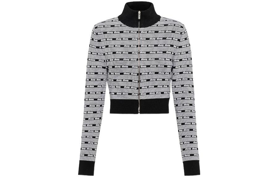 (Women) MIU MIU SS23  Black Knit Sweater with Letter Jacquard and Zip Neck. MMF718-12ZJ-F0967-S-231