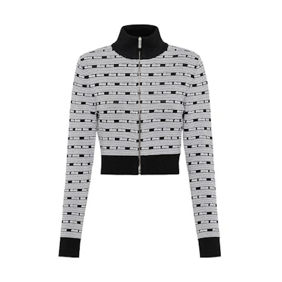 (Women) MIU MIU SS23 Black Knit Sweater with Letter Jacquard and Zip Neck. MMF718-12ZJ-F0967-S-231