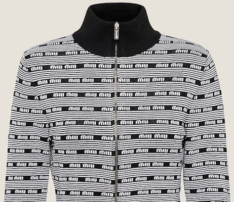 (W) MIU MIU SS23 黑色字母提花拉链领针织衫. MMF718-12ZJ-F0967-S-231 Details for (W) MIU MIU SS23 黑色字母提花拉链领针织衫. MMF718-12ZJ-F0967-S-231