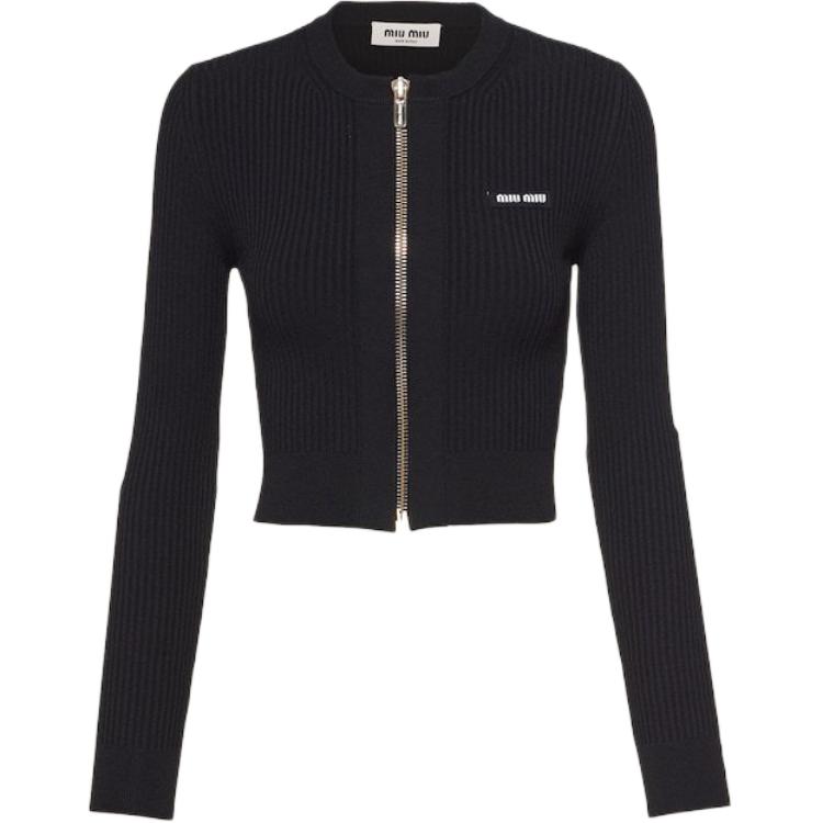 (Women) MIU MIU SS23  Black Knit Zipper Cardigan with Logo Patch. MMF722-122P-F0002-S-231
