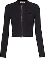 (Women) MIU MIU SS23 Black Knit Zipper Cardigan with Logo Patch. MMF722-122P-F0002-S-231 (Women) MIU MIU SS23 Black Knit Zipper Cardigan with Logo Patch. MMF722-122P-F0002-S-231