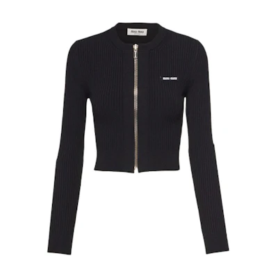 (Women) MIU MIU SS23 Black Knit Zipper Cardigan with Logo Patch. MMF722-122P-F0002-S-231