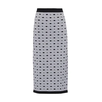 (Women) MIU MIU SS23 Black Knitted Striped Midi Skirt with Logo Motif. MMG427-12ZJ-F0967