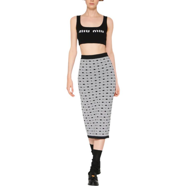 (Women) MIU MIU SS23  Black Knitted Striped Midi Skirt with Logo Motif. MMG427-12ZJ-F0967 圖 3