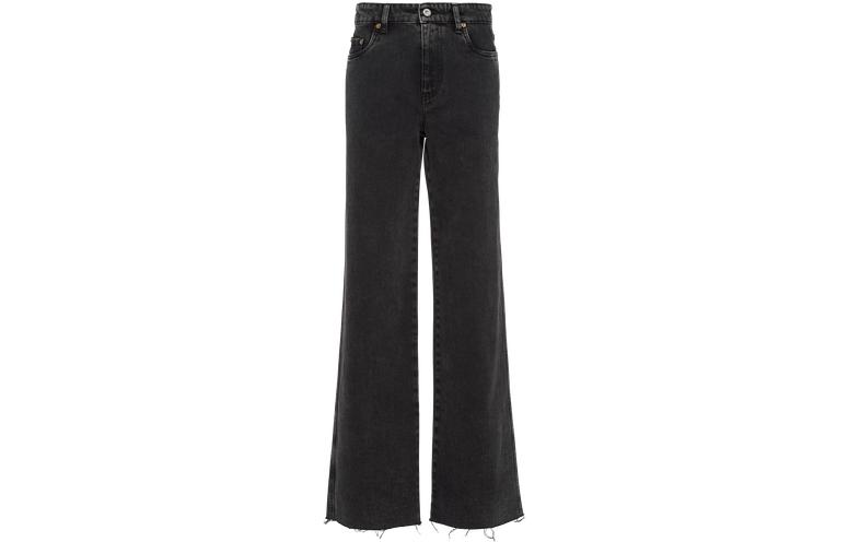 Order (W) MIU MIU SS23 Celana Denim Hitam Mid-Rise Santai dengan Bordir Logo. GWP435-115V-F0002