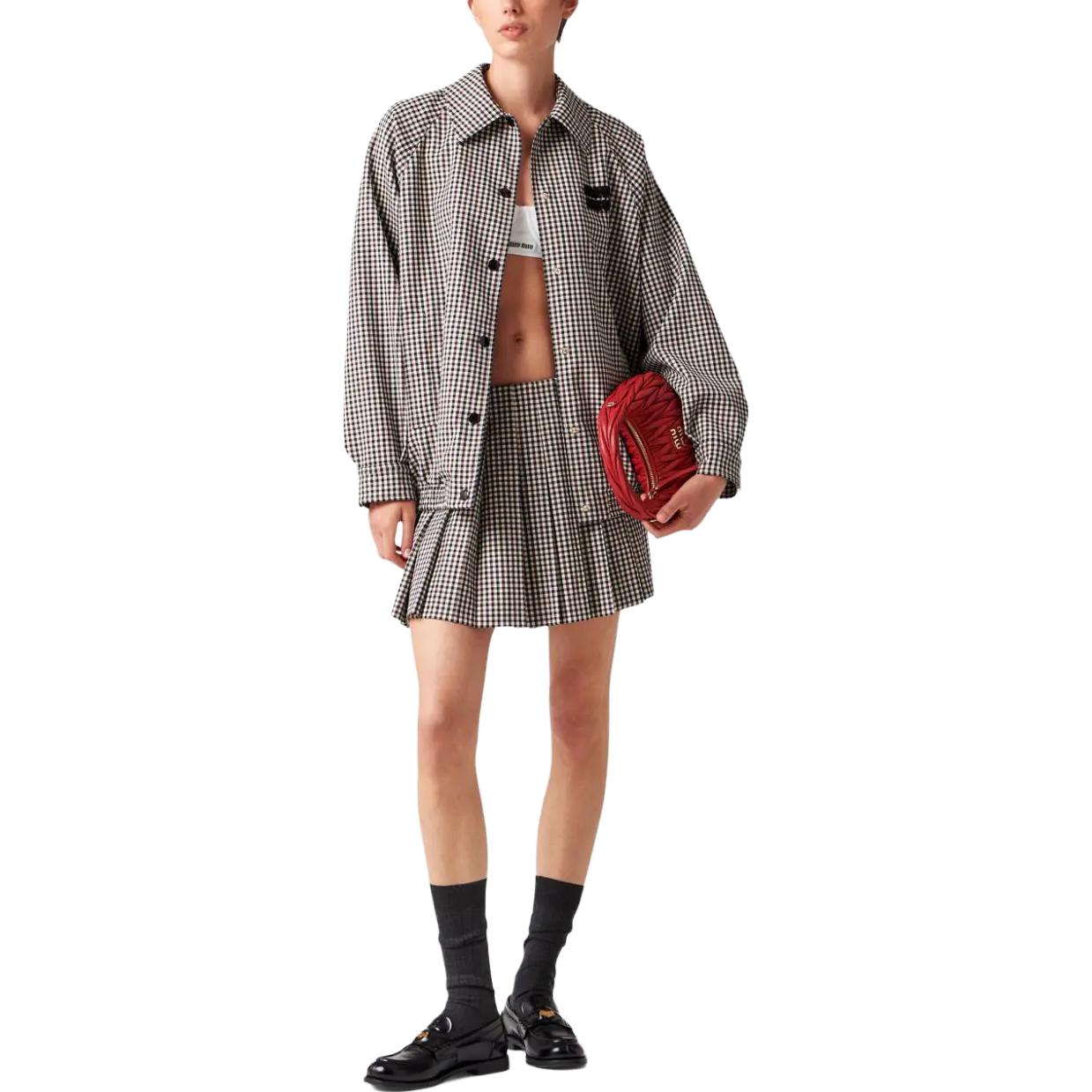 Lookbook (Women) MIU MIU SS23  Black Plaid Logo Patch Bomber Jacket. ML825-13JH-F0007-S-232