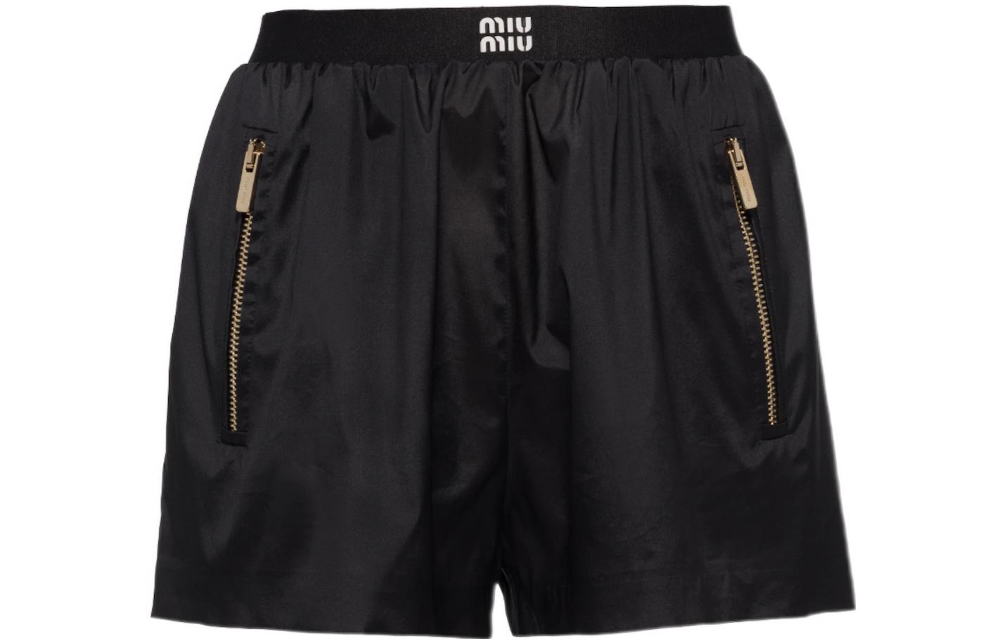 Order (W) MIU MIU SS23 黑色絲質短褲搭配純色印花與標誌。 MP1633-121G-F0002-S-231