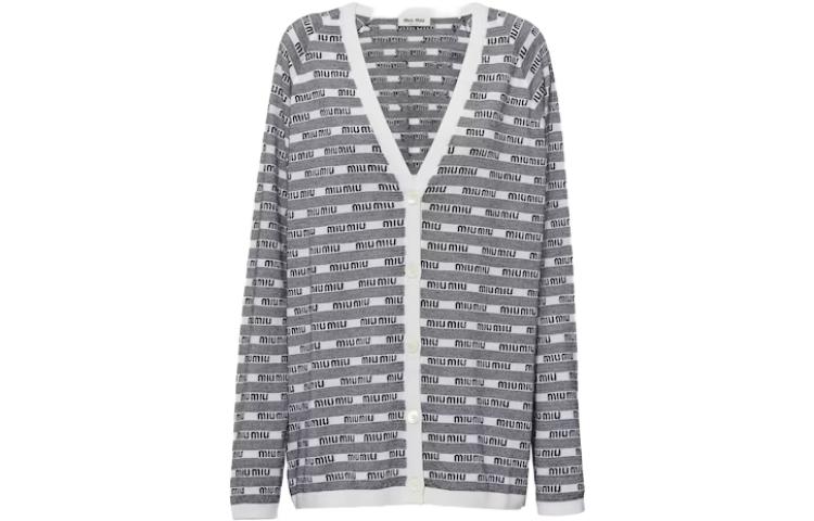 (Women) MIU MIU SS23  Black V-Neck Letter Print Knit Cardigan. MMF720-12ZI-F0964-S-231