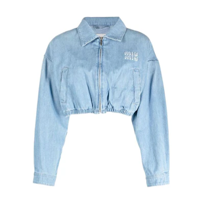 (Women) MIU MIU SS23 Blue Denim Jacket with Solid Color Logo Embroidery. GWB169-12V6-F0013