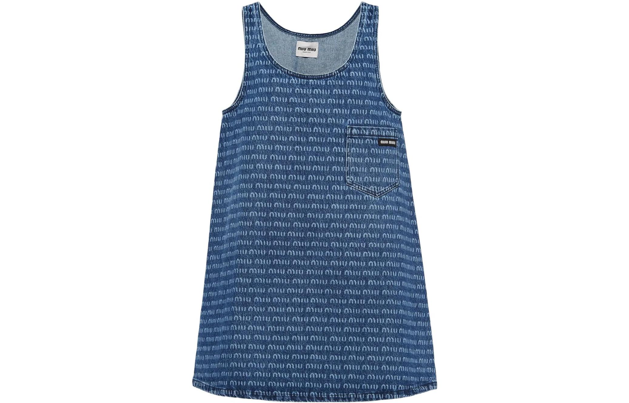 (Women) MIU MIU SS23  Blue Sleeveless Dress with Logo Print and Pocket Design. GWA186-1226-F0008-S-231