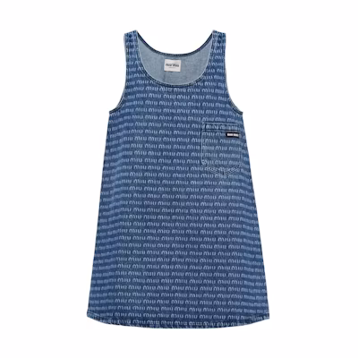 (Women) MIU MIU SS23 Blue Sleeveless Dress with Logo Print and Pocket Design. GWA186-1226-F0008-S-231