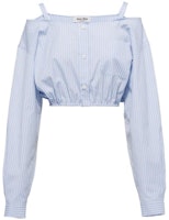 (Women) MIU MIU SS23 Blue Striped Button-Up Sunscreen Shirt MK1738-12W8-F0076-S-231 (Women) MIU MIU SS23 Blue Striped Button-Up Sunscreen Shirt MK1738-12W8-F0076-S-231