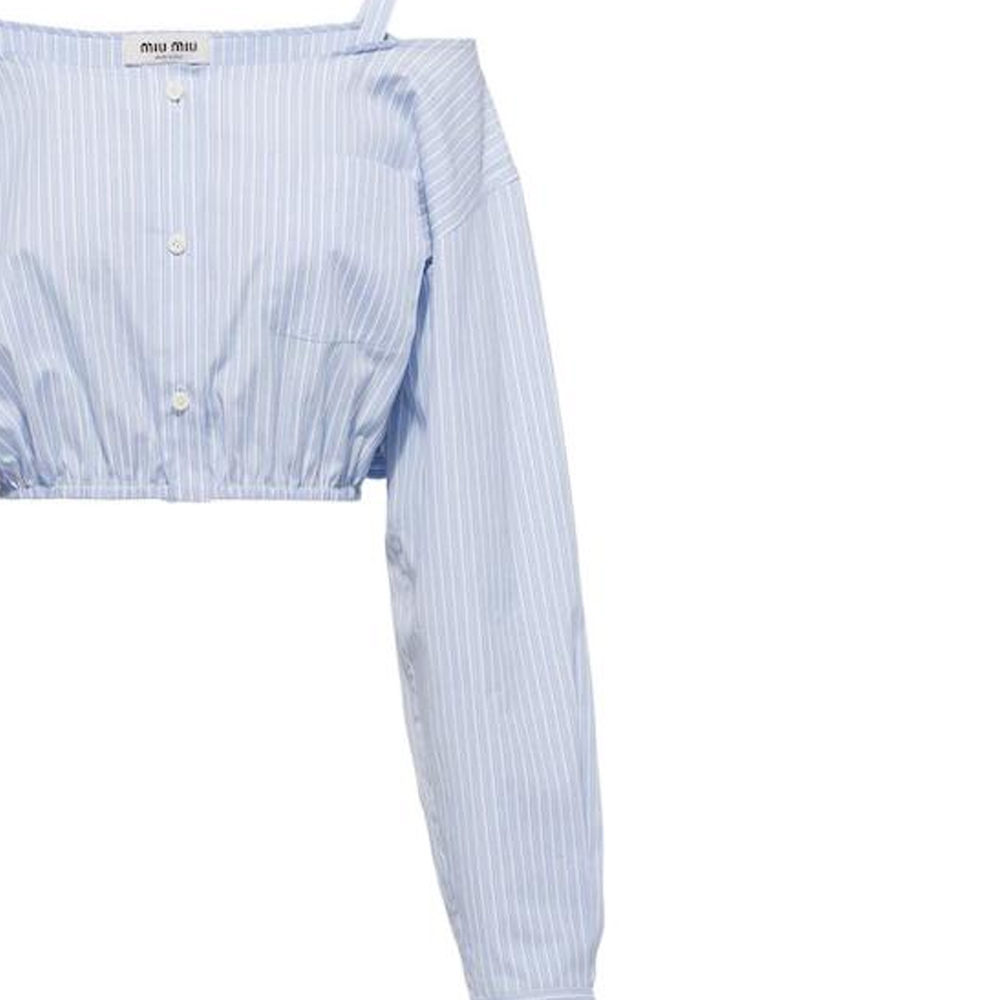 Sizing (W) MIU MIU SS23 Baju Kemeja Pelindung Matahari Biru Berjalur. MK1738-12W8-F0076-S-231