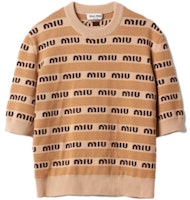 (Women) MIU MIU SS23 Brown Jacquard Logo Knit Pullover Sweater. MML831-1V8X-F0627-S-232 (Women) MIU MIU SS23 Brown Jacquard Logo Knit Pullover Sweater. MML831-1V8X-F0627-S-232