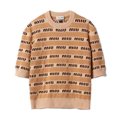 (Women) MIU MIU SS23 Brown Jacquard Logo Knit Pullover Sweater. MML831-1V8X-F0627-S-232