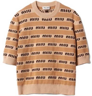 (Women) MIU MIU SS23 Brown Jacquard Logo Knit Pullover Sweater. MML831-1V8X-F0627-S-232 Order (Women) MIU MIU SS23 Brown Jacquard Logo Knit Pullover Sweater. MML831-1V8X-F0627-S-232
