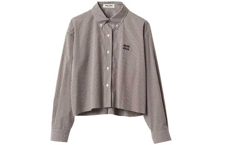 (Women) MIU MIU SS23  Brown Plaid Logo Embroidered Long-Sleeve Shirt. MK1659-13LB-F0963