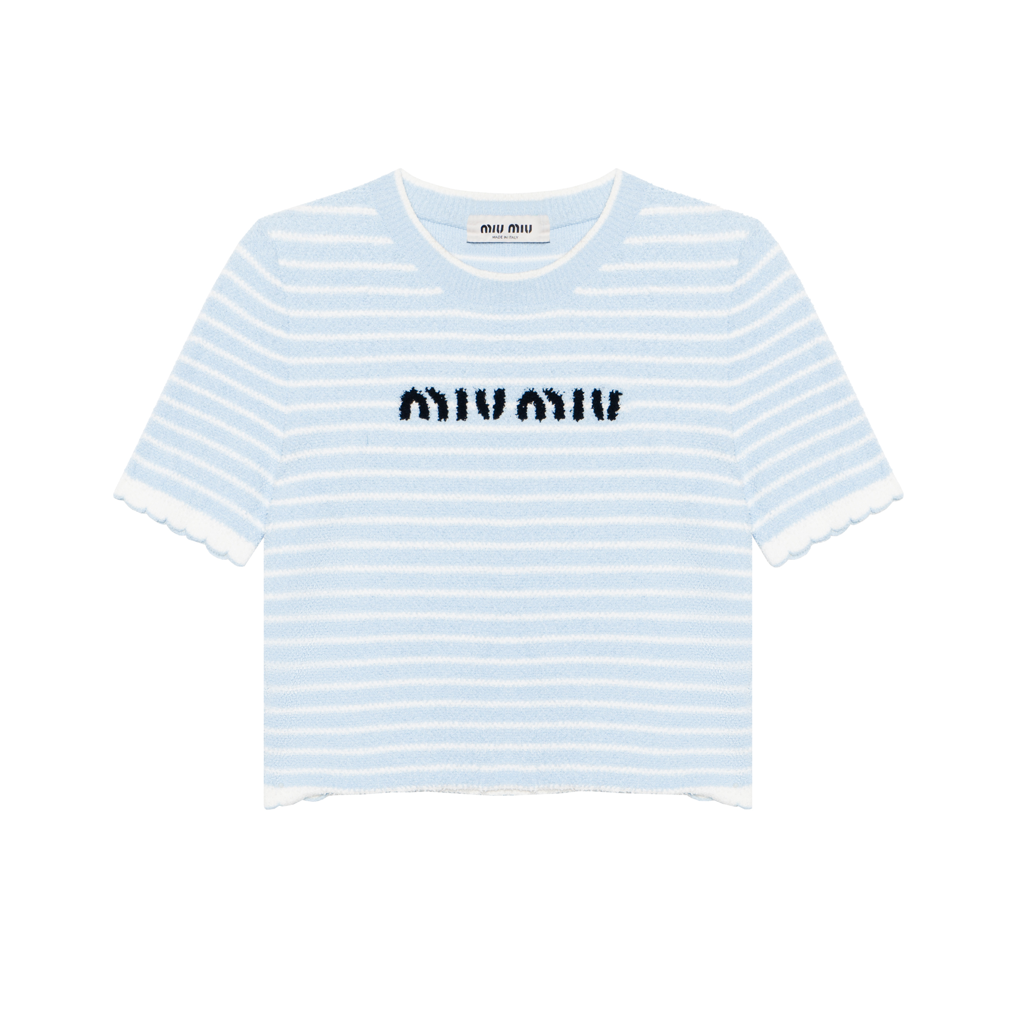 (Women) MIU MIU SS23  Cropped Striped Knit Logo Top in Cosmic Blue. MML707-119T-F0K2U