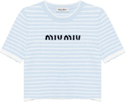 (Women) MIU MIU SS23 Cropped Striped Knit Logo Top in Cosmic Blue. MML707-119T-F0K2U (Women) MIU MIU SS23 Cropped Striped Knit Logo Top in Cosmic Blue. MML707-119T-F0K2U