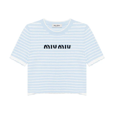 (Women) MIU MIU SS23 Cropped Striped Knit Logo Top in Cosmic Blue. MML707-119T-F0K2U