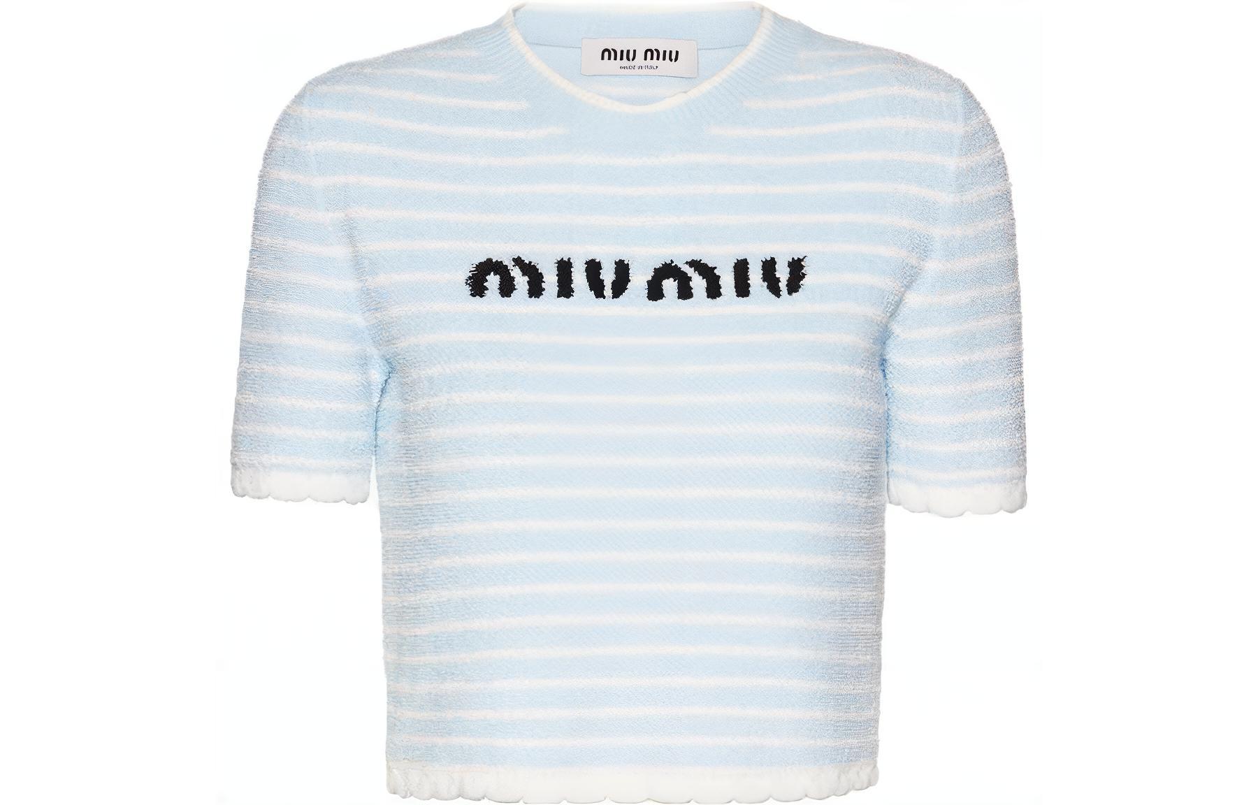 Order (W) MIU MIU 2023春夏蓝色条纹短款针织Logo上衣. MML707-119T-F0K2U