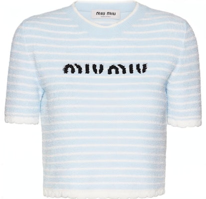 (W) MIU MIU 2023春夏蓝色条纹短款针织Logo上衣. MML707-119T-F0K2U Order (W) MIU MIU 2023春夏蓝色条纹短款针织Logo上衣. MML707-119T-F0K2U