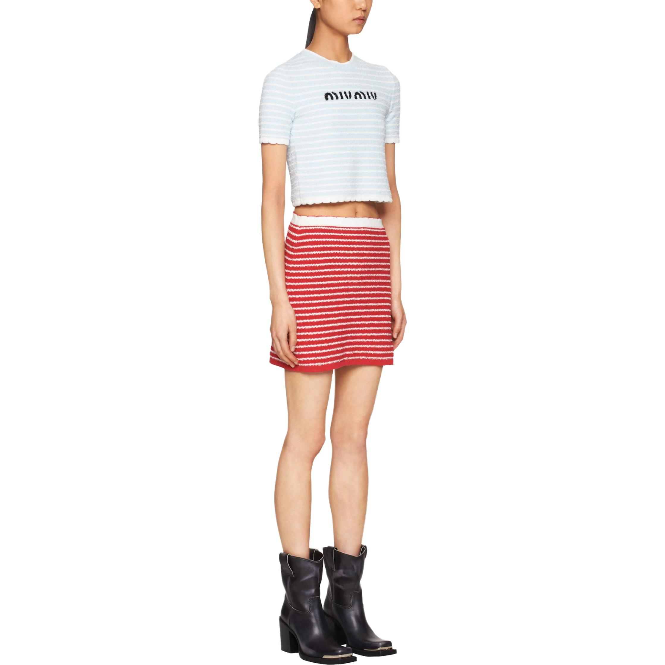 Lookbook (W) MIU MIU 2023春夏蓝色条纹短款针织Logo上衣. MML707-119T-F0K2U