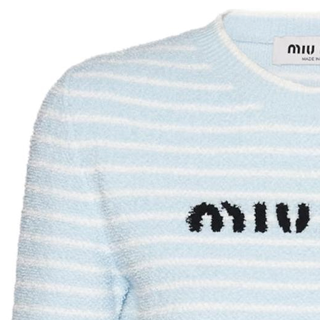 Details for (W) MIU MIU 2023春夏蓝色条纹短款针织Logo上衣. MML707-119T-F0K2U