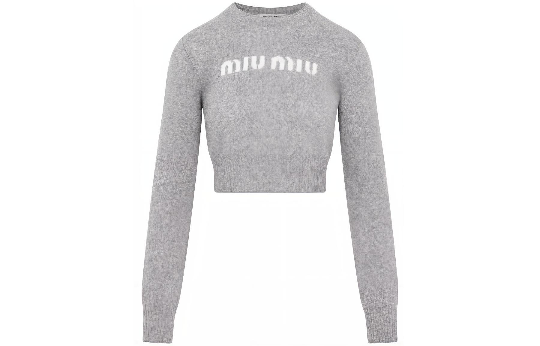 (Women) MIU MIU SS23  Gray Solid Color Round Neck Cropped Sweater. MML809-13K1-F0031