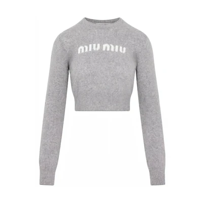 (Women) MIU MIU SS23 Gray Solid Color Round Neck Cropped Sweater. MML809-13K1-F0031
