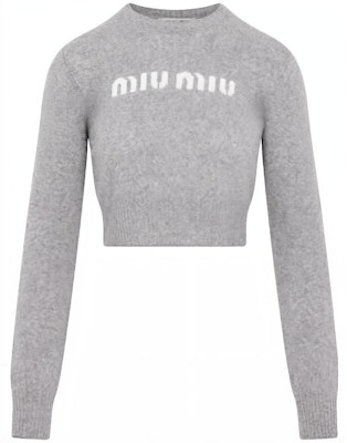 (Women) MIU MIU SS23 Gray Solid Color Round Neck Cropped Sweater. MML809-13K1-F0031 Order (Women) MIU MIU SS23 Gray Solid Color Round Neck Cropped Sweater. MML809-13K1-F0031