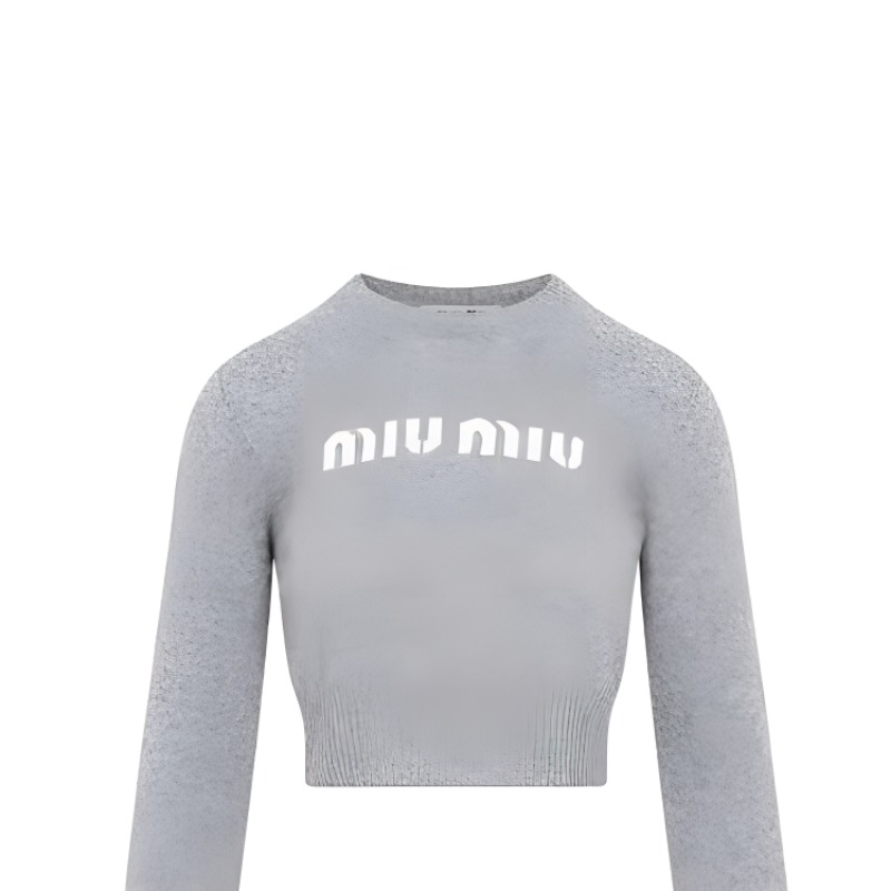 Shop (Women) MIU MIU SS23  Gray Solid Color Round Neck Cropped Sweater. MML809-13K1-F0031