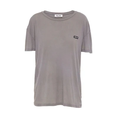 (Women) MIU MIU SS23 Grey Short-Sleeve T-Shirt with Logo Patch. MJN471-121U-F0112