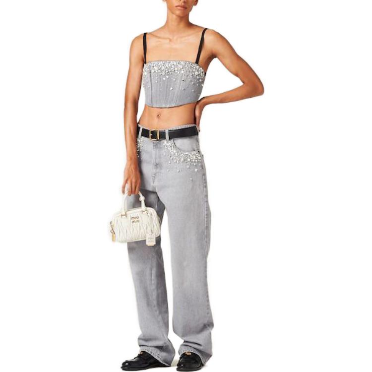 Lookbook (W) MIU MIU SS23 Jeans Abu-Abu Bordir Model Straight-Leg Mid-Rise. GWP483-13RN-F0031-S-232
