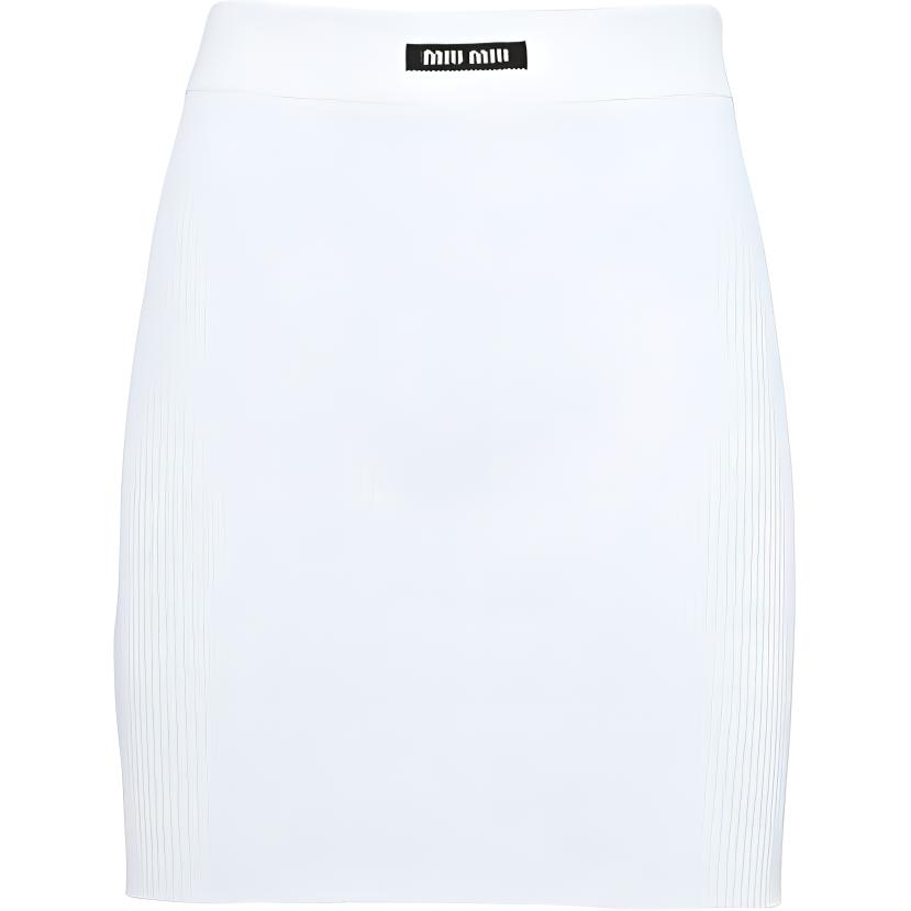 (Women) MIU MIU SS23  High-Waist Straight-Cut Mini Skirt White Logo Patch. MMG430-122P-F009-S-231