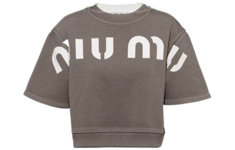 (Women) MIU MIU SS23  Letter Print Crewneck Casual T-Shirt in Taupe. MJN456-12Y1-F0031-S-231