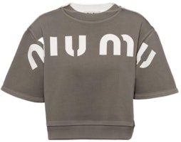 (Women) MIU MIU SS23 Letter Print Crewneck Casual T-Shirt in Taupe. MJN456-12Y1-F0031-S-231 (Women) MIU MIU SS23 Letter Print Crewneck Casual T-Shirt in Taupe. MJN456-12Y1-F0031-S-231