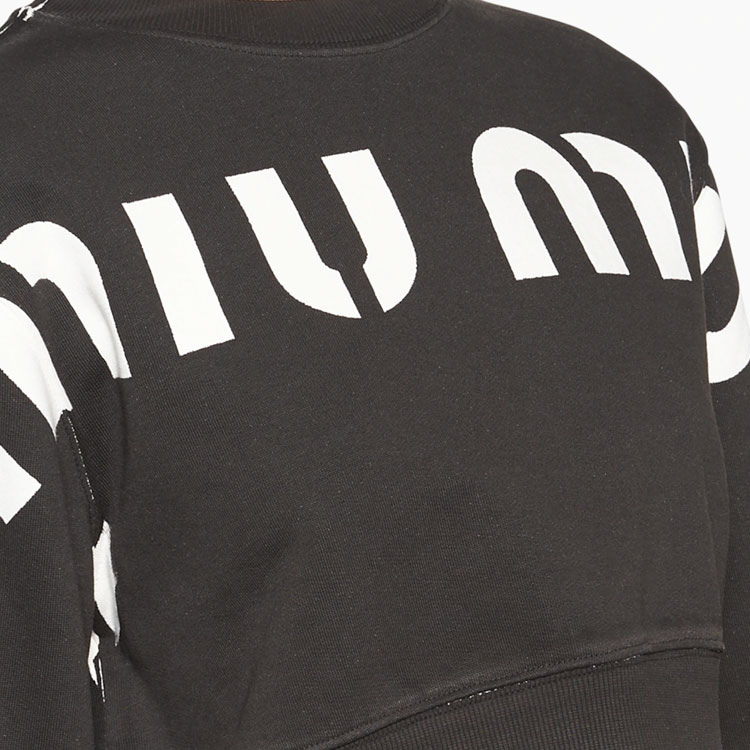 Details for (W) MIU MIU SS23 Logo Print Crewneck Pullover Sweatshirt Hitam. MJL925-12Y1-F0002
