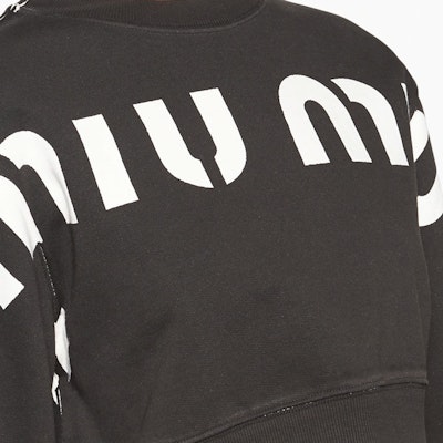 (W) MIU MIU SS23 Logo Print Crewneck Pullover Sweatshirt Hitam. MJL925-12Y1-F0002 Details for (W) MIU MIU SS23 Logo Print Crewneck Pullover Sweatshirt Hitam. MJL925-12Y1-F0002