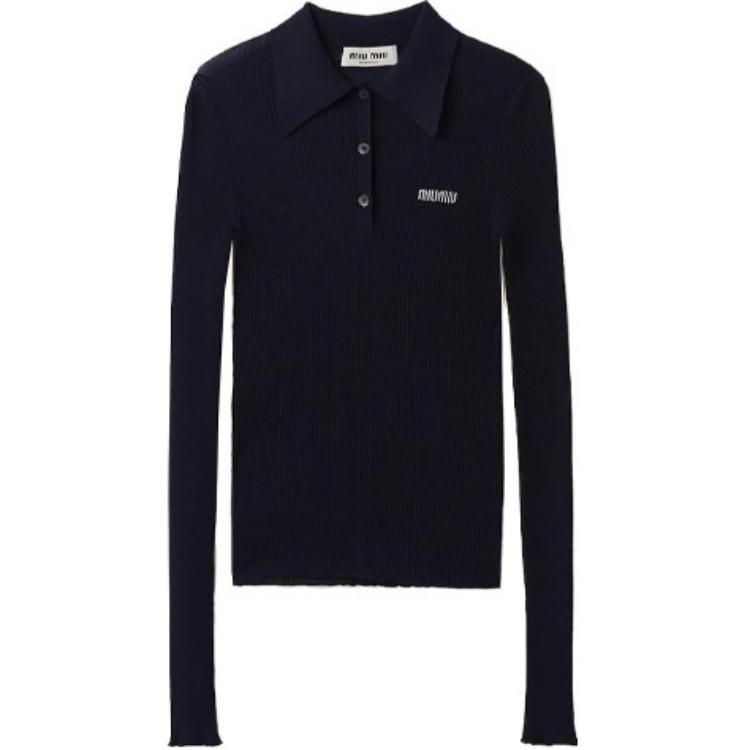 (Women) MIU MIU SS23  Logo Print Long Sleeve Polo Shirt Blue MML820-13KV-F0008-S-232