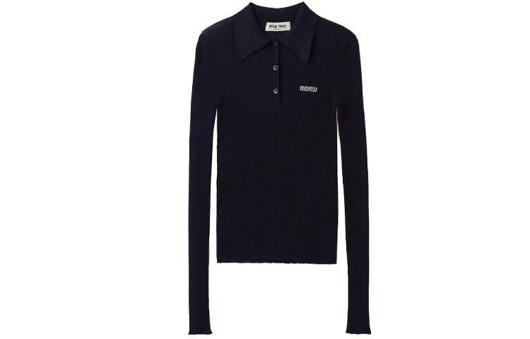 Order (W) MIU MIU SS23 Baju Polo Lengan Panjang Logo Cetak Biru MML820-13KV-F0008-S-232