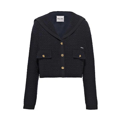 (Women) MIU MIU SS23 Navy Blue Tweed Cropped Single-Breasted Jacket. MH1825-12XB-F0008