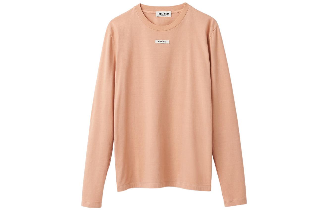 (Women) MIU MIU SS23  Pink Logo Patch Crewneck Long Sleeve Oversized T-Shirt. MJL963-1YXU-F0236-S-232