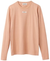 (Women) MIU MIU SS23 Pink Logo Patch Crewneck Long Sleeve Oversized T-Shirt. MJL963-1YXU-F0236-S-232 (Women) MIU MIU SS23 Pink Logo Patch Crewneck Long Sleeve Oversized T-Shirt. MJL963-1YXU-F0236-S-232