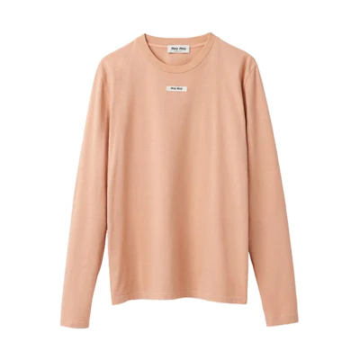 (Women) MIU MIU SS23 Pink Logo Patch Crewneck Long Sleeve Oversized T-Shirt. MJL963-1YXU-F0236-S-232